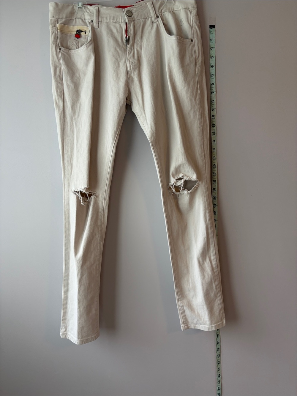 Slim Fit Cream Distressed Men's Jeans